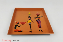 Small square lacquer tray hand-painted with 3 girls 22 cm